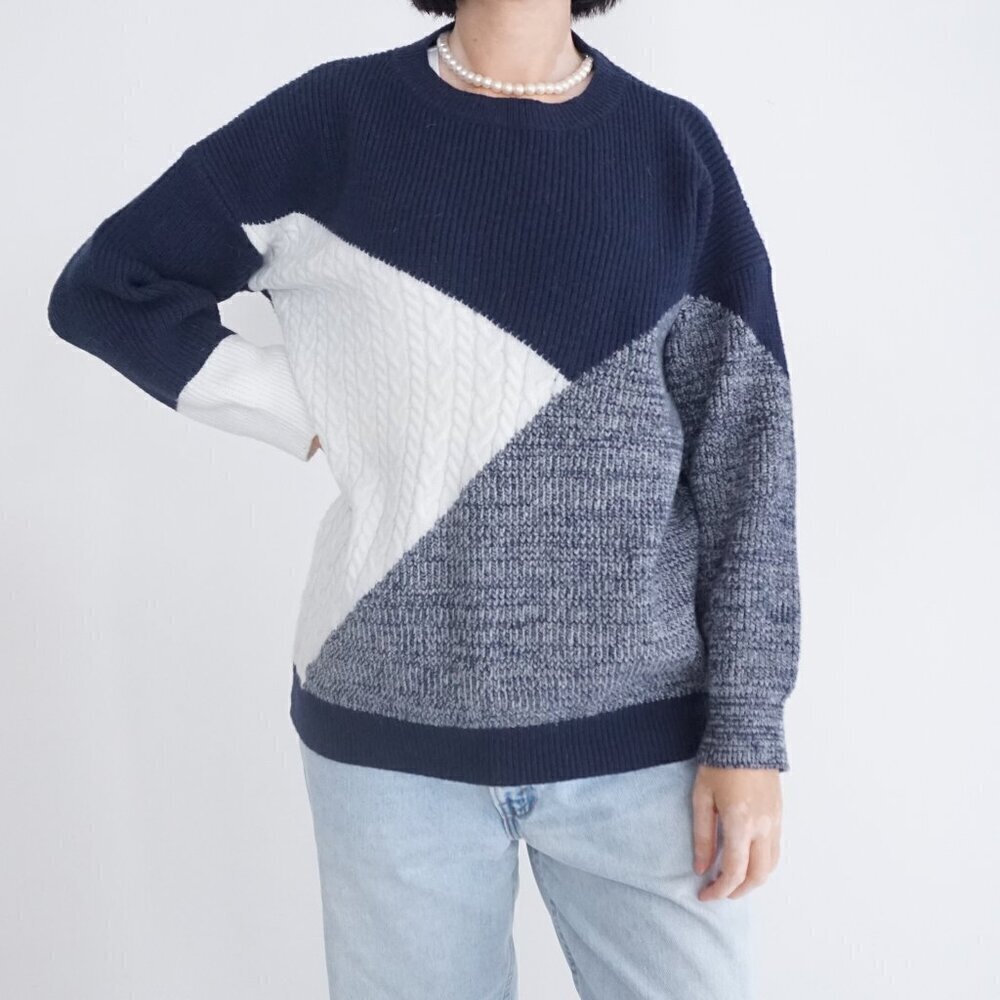 Vintage Navy White Blue Knit Abstract Design Fisherman Crewneck Sweater M